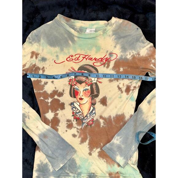 RARE VINTAGE Y2K ED HARDY TIE DYE ASIAN MOTIF LONG SLEEVED LIGHTWEIGHT TEE S - Picture 5 of 11